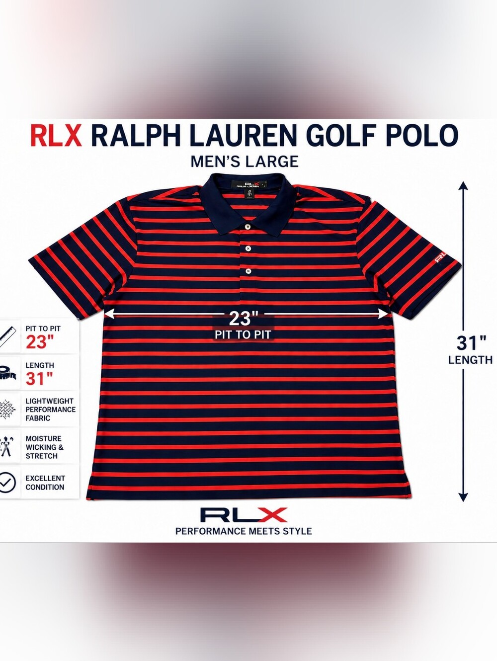 RLX Ralph Lauren Golf Polo Shirt Mens Large Navy Red Striped Performance Stretch